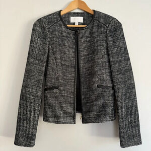 Boss Hugo Boss Koralie tweed zip jacket blue and white with leather trim Size: 2